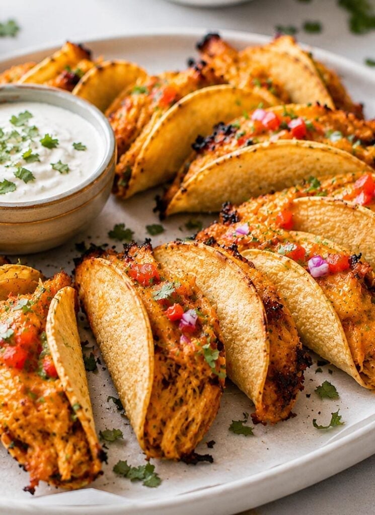 A platter of baked chicken tacos arranged in two rows, with a golden-brown color and soft edges.